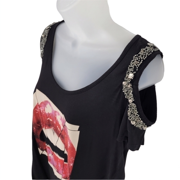 Guess Cold Shoulder Beaded Tee sz S - Picture 7 of 14